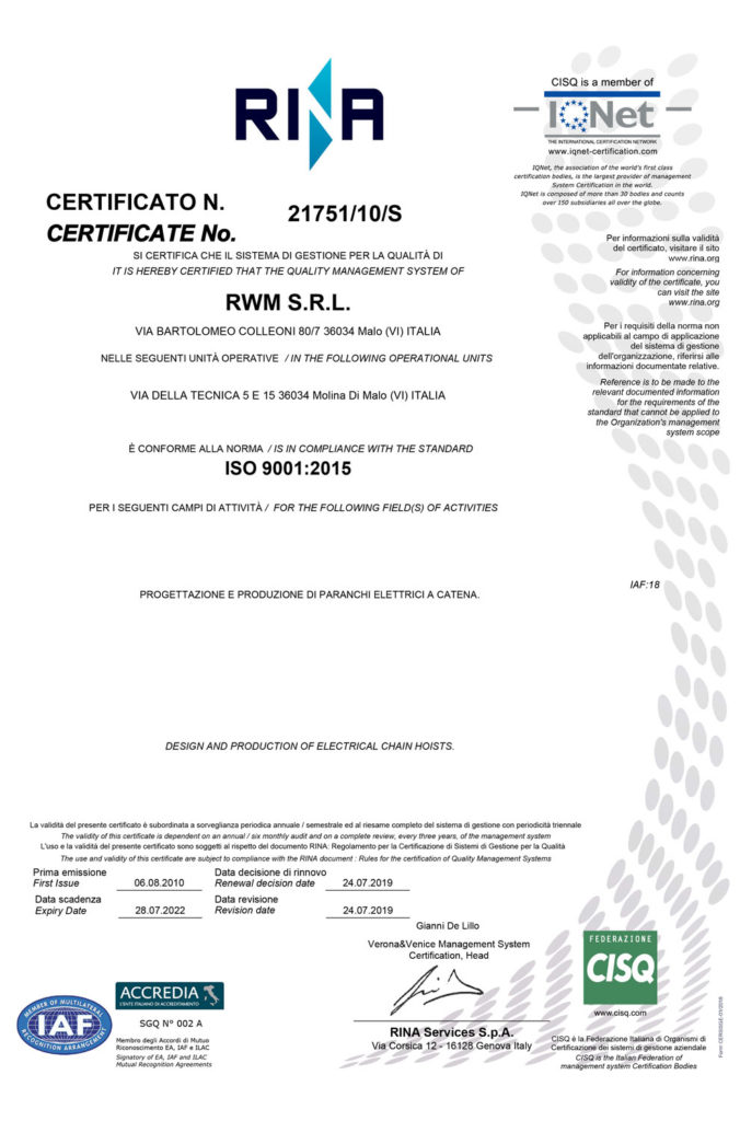 certificato RWM RINA